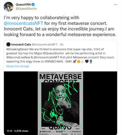 美国说唱歌手Quavo与NFT项目Innocent Cats达成合作，将于Q2举办元宇宙演唱会_SOUL:DEFI