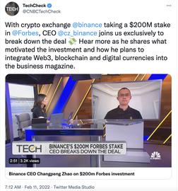 赵长鹏：收购福布斯股份旨在借助区块链和加密技术以帮助福布斯进入Web3时代_以太坊:SOL