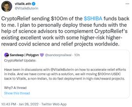 印度Covid救济基金会向V神返还1亿美元，V神计划亲自部署该资金_区块链:pros币世界杯