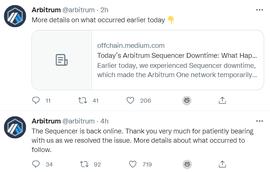 Offchain Labs：Arbitrum One网络现已恢复，宕机系主Sequencer节点中的硬件故障_OFF:NFTNDR币