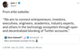 Jack Dorsey：a16z实现其愿景全靠屏蔽推特账户_ACK:TetherBlack