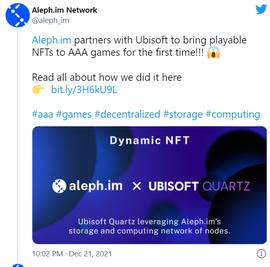 跨链去中心化云项目Aleph.im宣布将为育碧提供去中心化存储解决方案，以进一步将NFT纳入3A游戏_EST:VESTA币