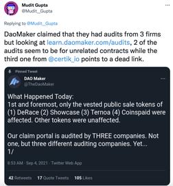 安全研究人员质疑DAO Maker官方回应被攻击声明，称审计内容针对不相关合约_区块链:MAKE