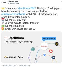 Celer推出的跨链支付网络cBridge宣布支持Optimism和Arbitrum_CEL:ecell币现在怎么获取