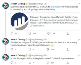 SushiSwap向此前披露BitDAO荷兰拍卖漏洞的白帽黑客支付了100万USDC赏金_USH:sushi币价格