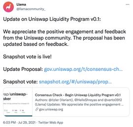 DAO财库聚合平台Llama发布有关“Uniswap流动性计划v 0.1”提案的更新_UNI:super-zero