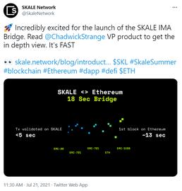 以太坊扩容方案 SKALE 推出 SKALE IMA 跨链桥，支持在以太坊和 SKALE 之间转移资产_以太坊:COI