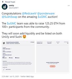 Unicly联合SushiSwap推出的首个NFT碎片化拍卖已结束，uGMC共筹集125.25枚ETH_UNI:CAT