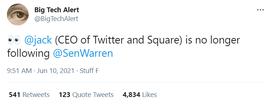推特CEO取关呼吁监管加密货币的美国参议院议员Elizabeth Warren_ORS:CEO