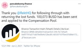 Pancakebunny将Rekt团队归还资金用于补偿池_ANC:Fivebalance
