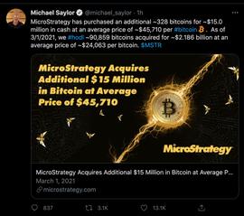 持续买入！MicroStrategy再度买入价值1500万美元的比特币_比特币:STRAT