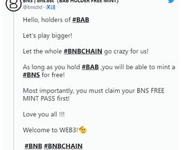 币安| 持有灵魂绑定代币BAB、可免费铸造BNS的.bsc 域名 !_BNS:BSC