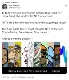 Bitwise宣布推出蓝筹NFT指数基金，将购买和托管CryptoPunks等总市值超60亿美元的蓝筹NFT_NFT:BIT