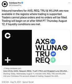 Coinbase Pro将上线 AXS、REQ、TRU与WLUAN_TAMA:DMASK币
