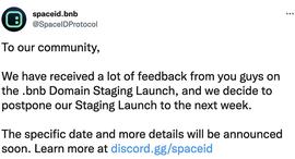 SPACE ID：bnb域名阶段性注册推迟至下周_RAS:ACE