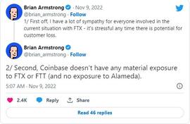 Coinbase 对 FTX FTT 没有重大风险首席执行官 Brian Armstrong_FTX:INB
