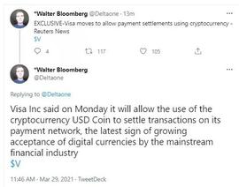 支付巨头Visa允许加密货币USDC结算、支持比特币交易还有多远？_USD:CKUSD