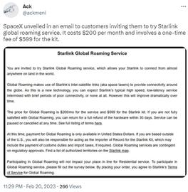 SpaceX将推出星链全球漫游服务试用 一年收费高达3000美元_CEX:SPA